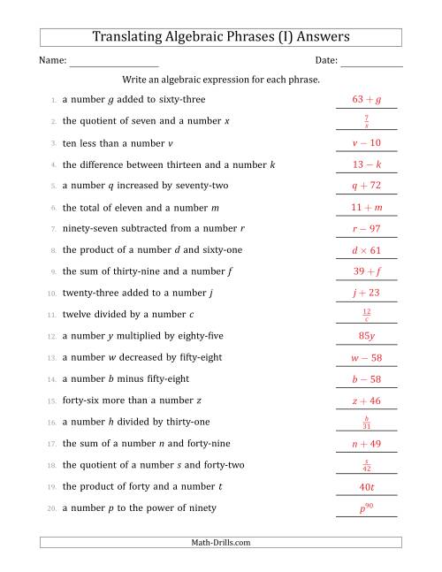 The Translating Algebraic Phrases (Simple Version) (I) Math Worksheet Page 2