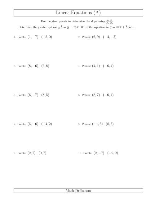 The Writing a Linear Equation from Two Points (A) Math Worksheet