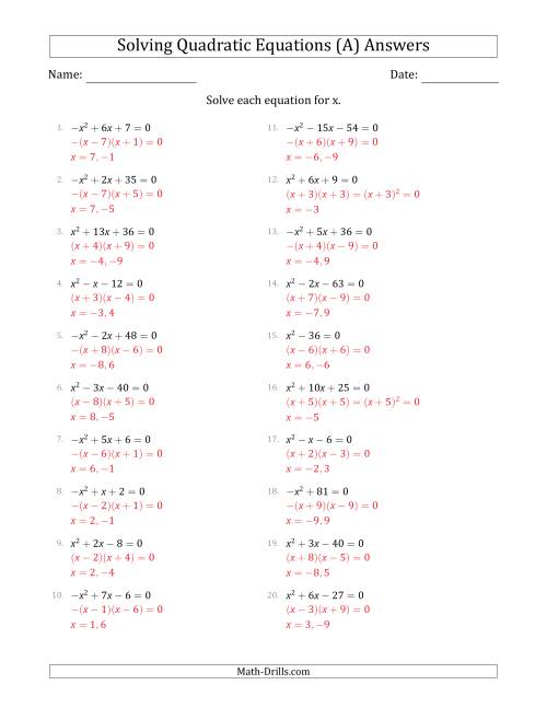 The Solving Quadratic Equations with Positive or Negative 'a' Coefficients of 1 (A) Math Worksheet Page 2