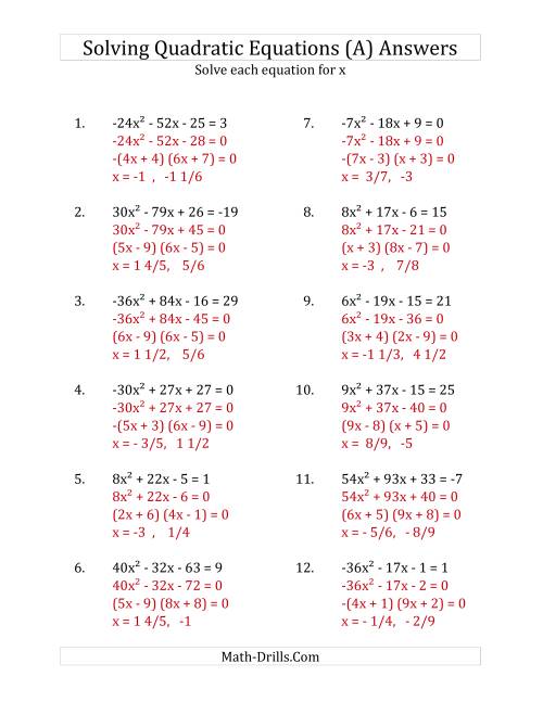 The Solving Quadratic Equations for x with 'a' Coefficients Between -81 and 81 (Equations equal an integer) (A) Math Worksheet Page 2