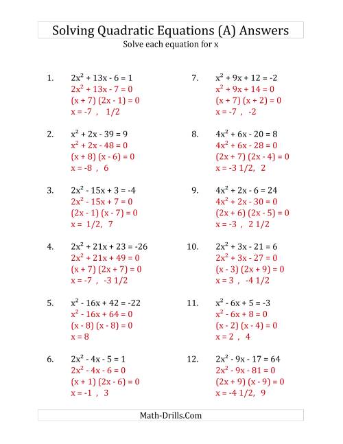 The Solving Quadratic Equations for x with 'a' Coefficients up to 4 (Equations equal an integer) (A) Math Worksheet Page 2