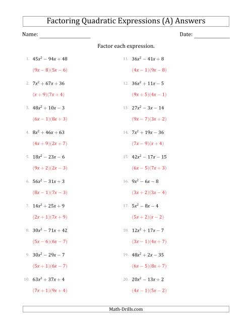 The Factoring Quadratic Expressions with Positive 'a' Coefficients up to 81 (A) Math Worksheet Page 2