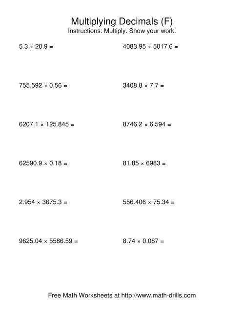 The Random Number of Digits and Random Number of Places (F) Math Worksheet