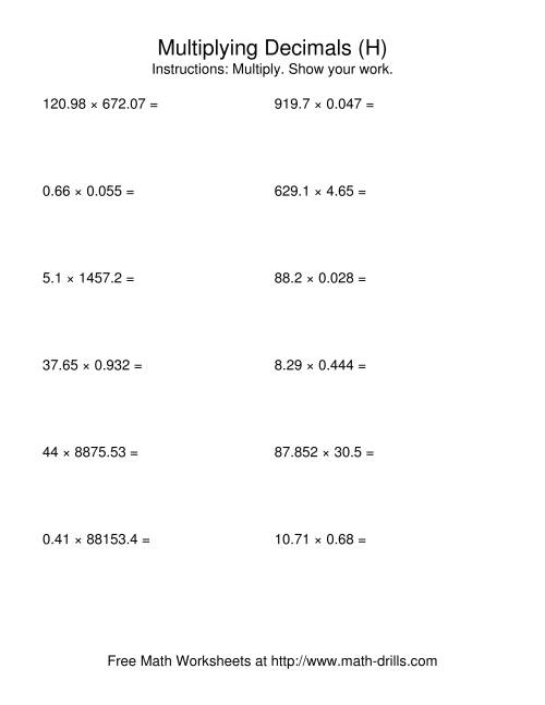 The Random Number of Digits and Random Number of Places (H) Math Worksheet