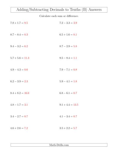 The Adding and Subtracting Decimals to Tenths Horizontally (B) Math Worksheet Page 2