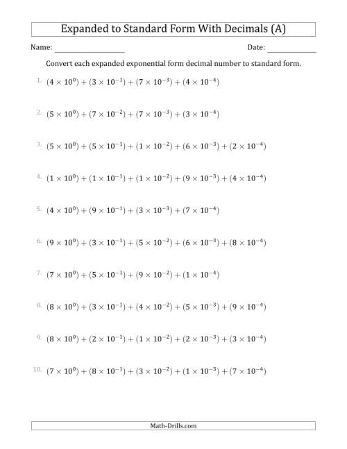 The Converting Expanded Exponential Form Decimals to Standard Form (1-Digit Before the Decimal; 4-Digits After the Decimal) (A) Math Worksheet