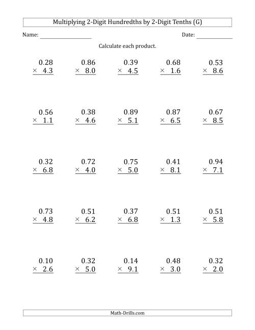 The Multiplying 2-Digit Hundredths by 2-Digit Tenths (G) Math Worksheet