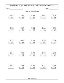 Multiplying 3-Digit Hundredths by 2-Digit Whole Numbers