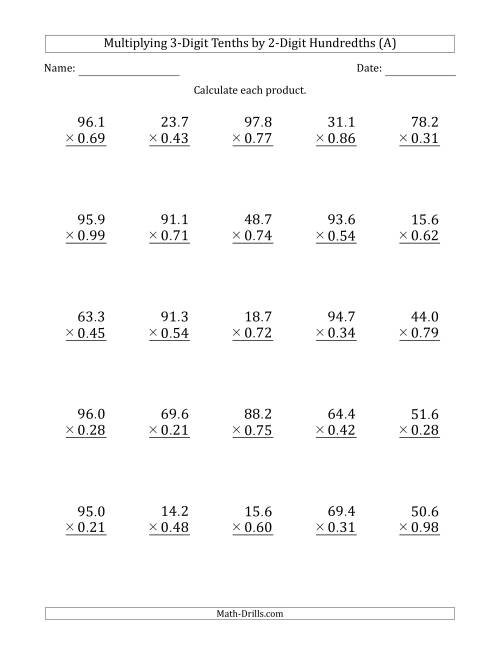 The Multiplying 3-Digit Tenths by 2-Digit Hundredths (A) Math Worksheet