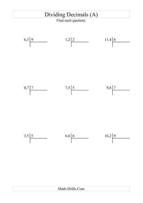 The Dividing Tenths by a Whole Number with an Easy Quotient (A) Math Worksheet