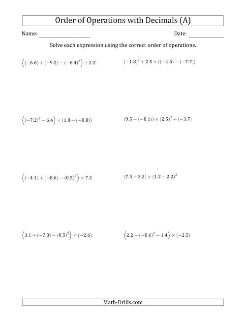 The Order of Operations with Negative and Positive Decimals (Four Steps) (A) Math Worksheet
