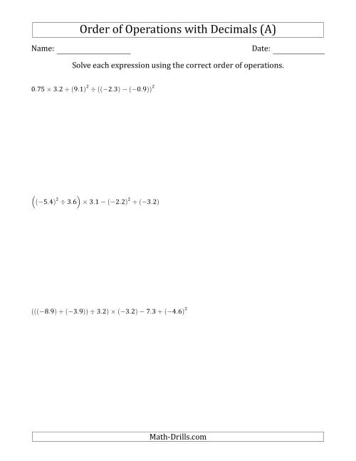 The Order of Operations with Negative and Positive Decimals (Six Steps) (A) Math Worksheet