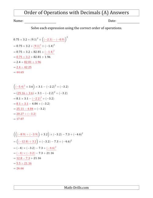 The Order of Operations with Negative and Positive Decimals (Six Steps) (A) Math Worksheet Page 2