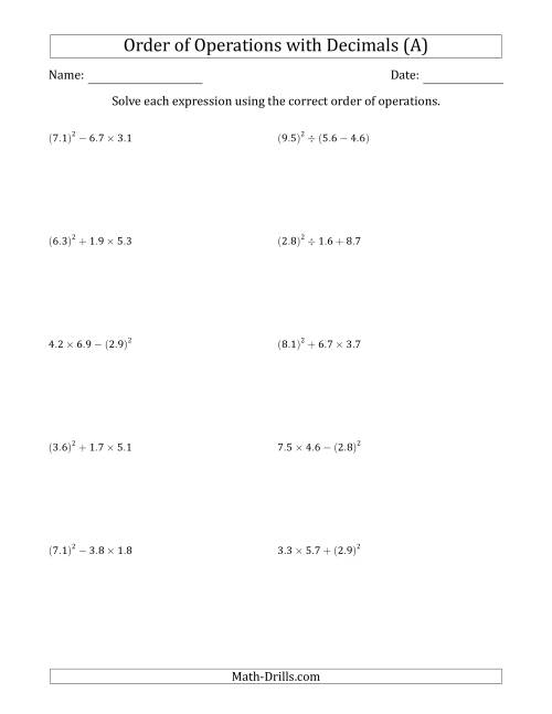 The Order of Operations with Positive Decimals (Three Steps) (A) Math Worksheet