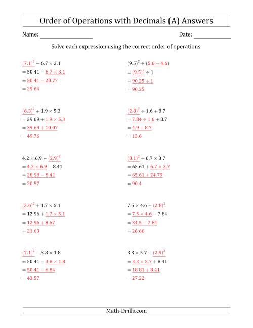 The Order of Operations with Positive Decimals (Three Steps) (A) Math Worksheet Page 2