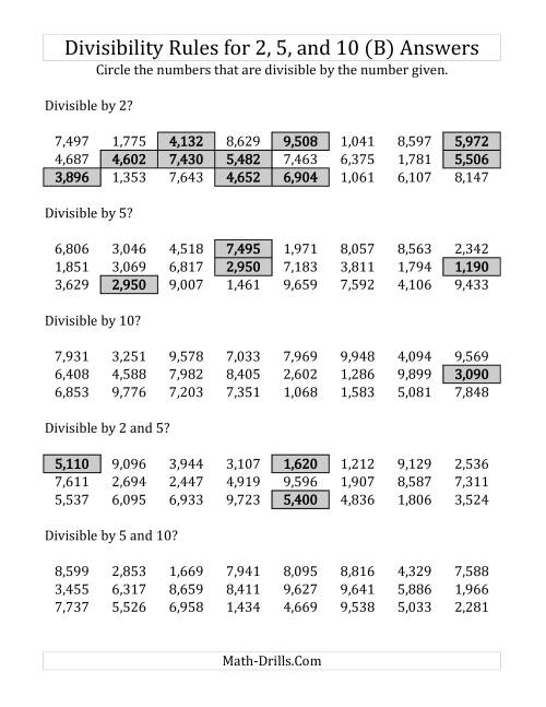 The Divisibility Rules for 2, 5 and 10 (4 Digit Numbers) (B) Math Worksheet Page 2