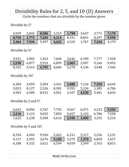 The Divisibility Rules for 2, 5 and 10 (4 Digit Numbers) (D) Math Worksheet Page 2