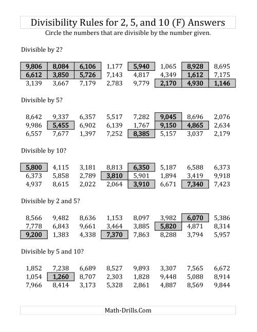 The Divisibility Rules for 2, 5 and 10 (4 Digit Numbers) (F) Math Worksheet Page 2