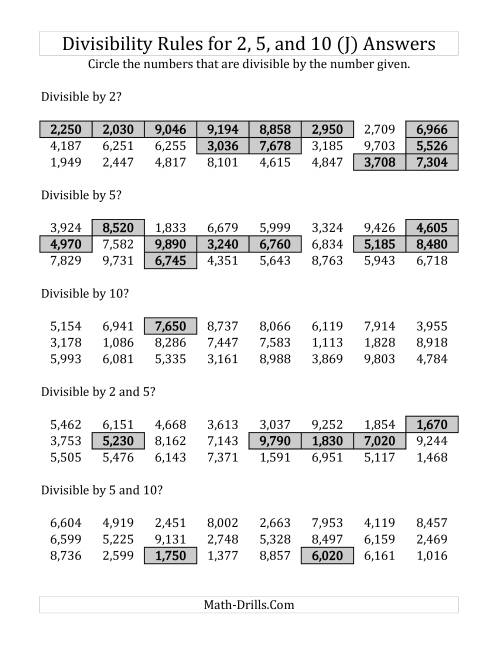 The Divisibility Rules for 2, 5 and 10 (4 Digit Numbers) (J) Math Worksheet Page 2