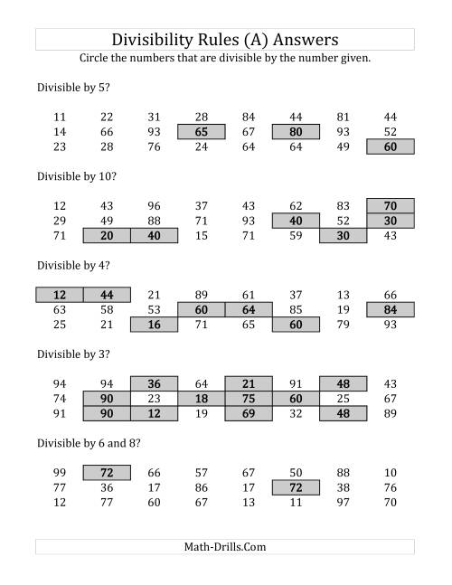 The Divisibility Rules for Numbers from 2 to 10 (2 Digit Numbers) (A) Math Worksheet Page 2