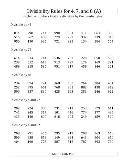 The Divisibility Rules for 4, 7 and 8 (3 Digit Numbers) (A) Math Worksheet