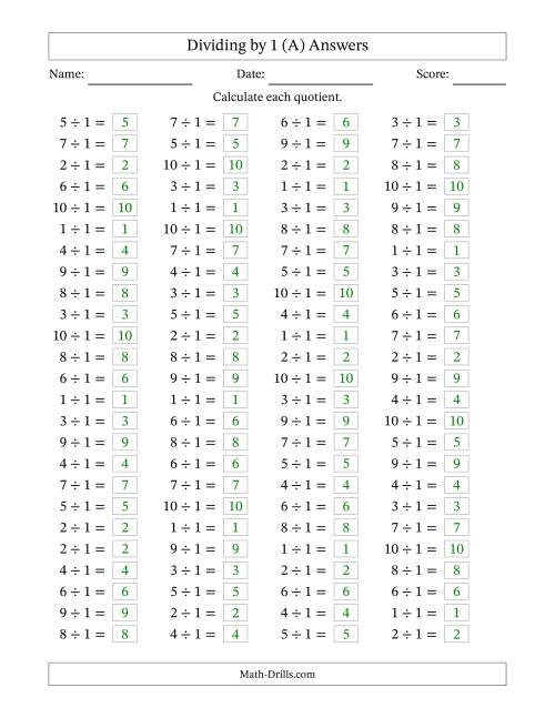 The Horizontally Arranged Dividing by 1 with Quotients 1 to 10 (100 Questions) (A) Math Worksheet Page 2