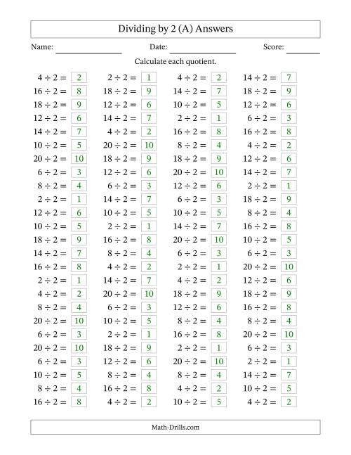 The Horizontally Arranged Dividing by 2 with Quotients 1 to 10 (100 Questions) (A) Math Worksheet Page 2