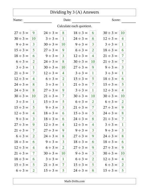 The Horizontally Arranged Dividing by 3 with Quotients 1 to 10 (100 Questions) (A) Math Worksheet Page 2