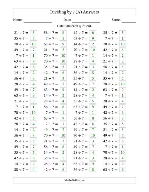 The Horizontally Arranged Dividing by 7 with Quotients 1 to 10 (100 Questions) (A) Math Worksheet Page 2