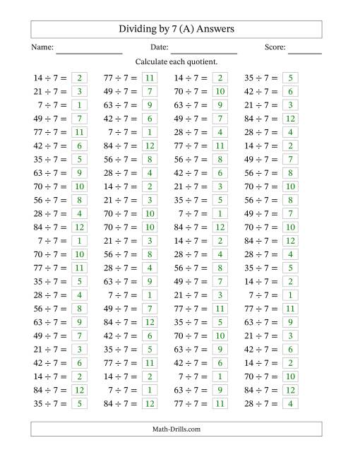 The Horizontally Arranged Dividing by 7 with Quotients 1 to 12 (100 Questions) (A) Math Worksheet Page 2