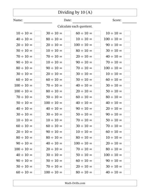 The Horizontally Arranged Dividing by 10 with Quotients 1 to 10 (100 Questions) (A) Math Worksheet