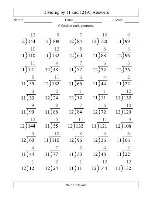 The Division Facts by a Fixed Divisor (11 and 12) and Quotients from 1 to 12 with Long Division Symbol/Bracket (50 questions) (A) Math Worksheet Page 2