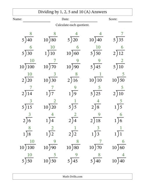 The Division Facts by a Fixed Divisor (1, 2, 5 and 10) and Quotients from 1 to 10 with Long Division Symbol/Bracket (50 questions) (A) Math Worksheet Page 2