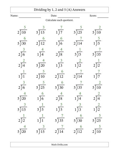 The Division Facts by a Fixed Divisor (1, 2 and 5) and Quotients from 1 to 7 with Long Division Symbol/Bracket (50 questions) (A) Math Worksheet Page 2