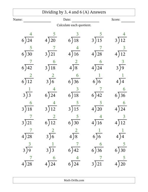 The Division Facts by a Fixed Divisor (3, 4 and 6) and Quotients from 1 to 7 with Long Division Symbol/Bracket (50 questions) (A) Math Worksheet Page 2