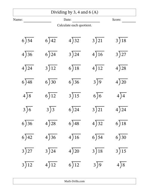 The Division Facts by a Fixed Divisor (3, 4 and 6) and Quotients from 1 to 9 with Long Division Symbol/Bracket (50 questions) (A) Math Worksheet
