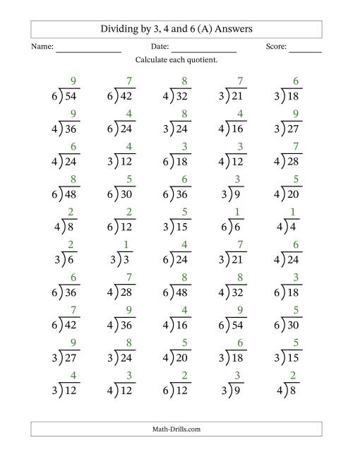 The Division Facts by a Fixed Divisor (3, 4 and 6) and Quotients from 1 to 9 with Long Division Symbol/Bracket (50 questions) (A) Math Worksheet Page 2
