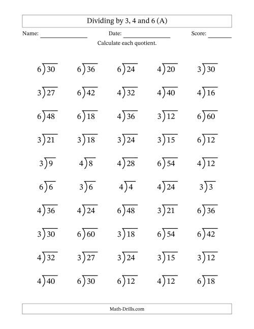 The Division Facts by a Fixed Divisor (3, 4 and 6) and Quotients from 1 to 10 with Long Division Symbol/Bracket (50 questions) (A) Math Worksheet