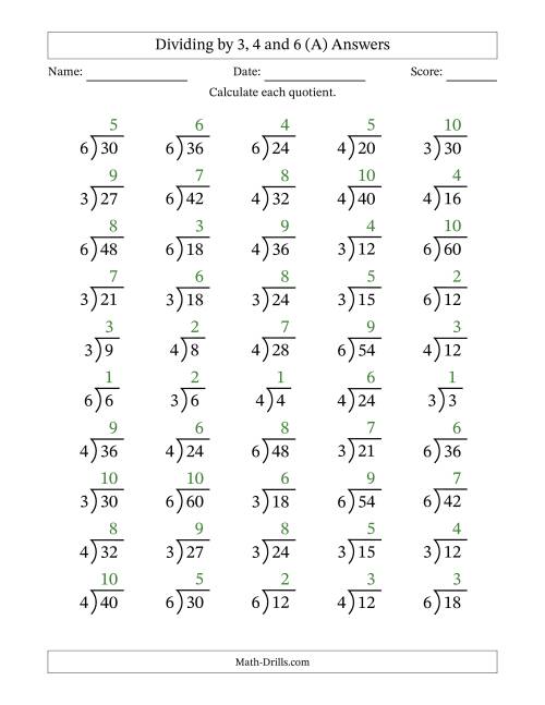 The Division Facts by a Fixed Divisor (3, 4 and 6) and Quotients from 1 to 10 with Long Division Symbol/Bracket (50 questions) (A) Math Worksheet Page 2