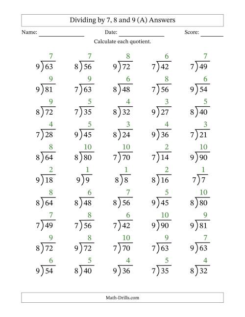 The Division Facts by a Fixed Divisor (7, 8 and 9) and Quotients from 1 to 10 with Long Division Symbol/Bracket (50 questions) (A) Math Worksheet Page 2