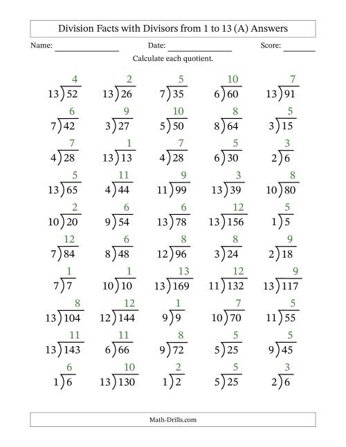 The Division Facts with Divisors and Quotients from 1 to 13 with Long Division Symbol/Bracket (A) Math Worksheet Page 2