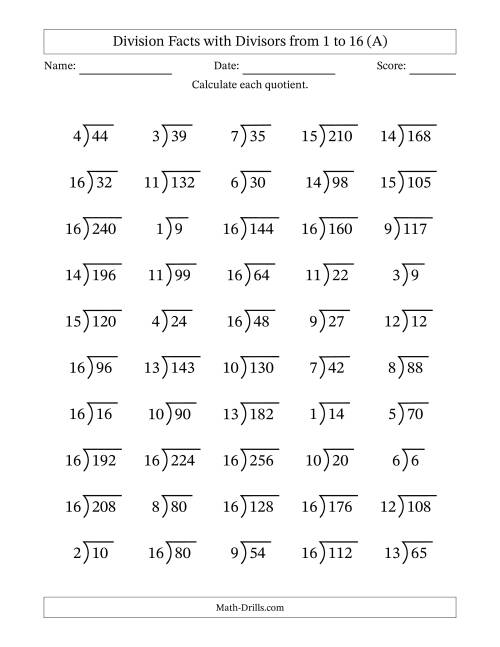 The Division Facts with Divisors and Quotients from 1 to 16 with Long Division Symbol/Bracket (A) Math Worksheet
