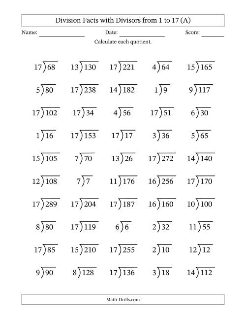 The Division Facts with Divisors and Quotients from 1 to 17 with Long Division Symbol/Bracket (A) Math Worksheet