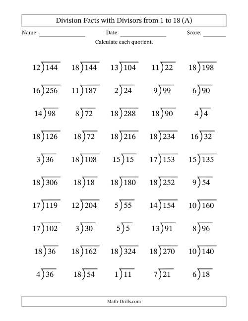 The Division Facts with Divisors and Quotients from 1 to 18 with Long Division Symbol/Bracket (A) Math Worksheet