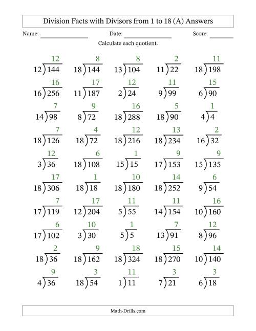 The Division Facts with Divisors and Quotients from 1 to 18 with Long Division Symbol/Bracket (A) Math Worksheet Page 2