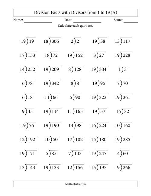 The Division Facts with Divisors and Quotients from 1 to 19 with Long Division Symbol/Bracket (A) Math Worksheet