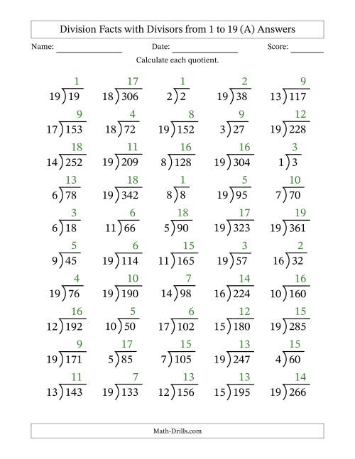 The Division Facts with Divisors and Quotients from 1 to 19 with Long Division Symbol/Bracket (A) Math Worksheet Page 2