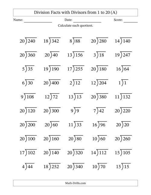 The Division Facts with Divisors and Quotients from 1 to 20 with Long Division Symbol/Bracket (A) Math Worksheet