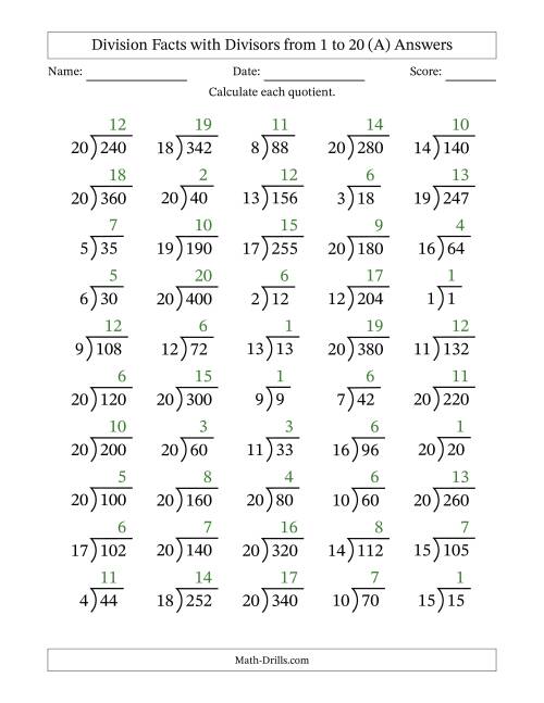 The Division Facts with Divisors and Quotients from 1 to 20 with Long Division Symbol/Bracket (A) Math Worksheet Page 2