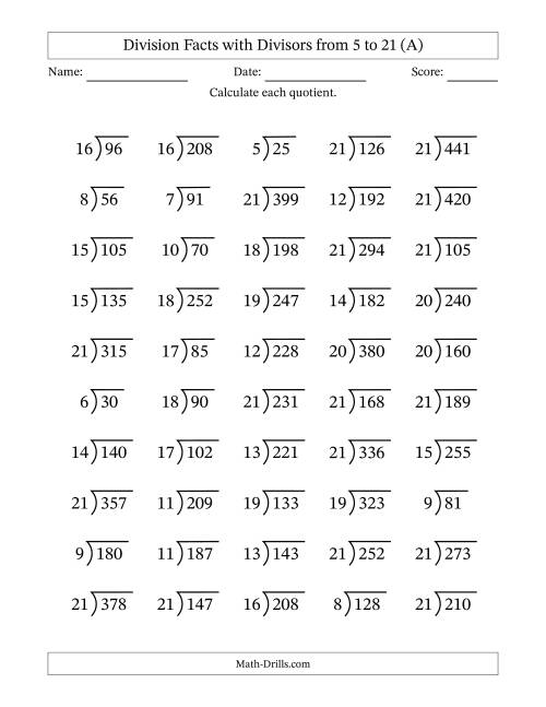 The Division Facts with Divisors and Quotients from 5 to 21 with Long Division Symbol/Bracket (A) Math Worksheet
